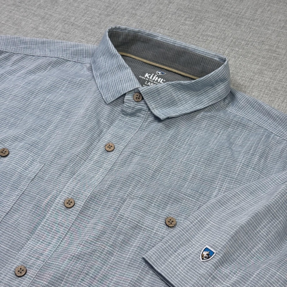 Kuhl Karib Lightweight Button-Up Shirt Mens Large Blue Striped Short Sleeve